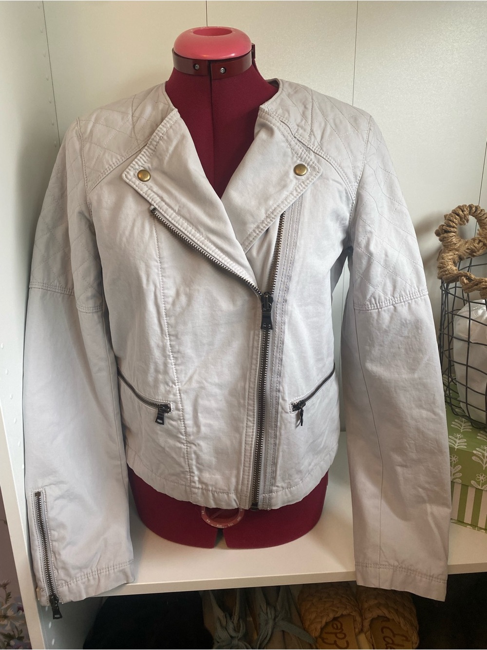 GAP Light Gray Asymmetrical Zip Cotton Moto Jacket- Lined